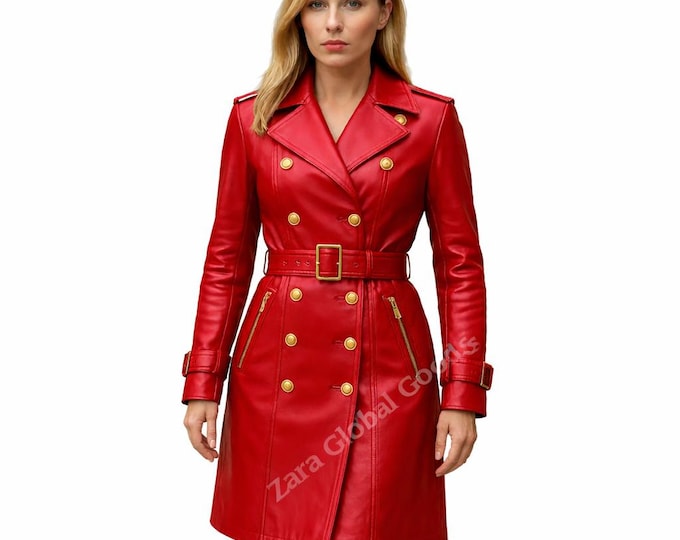 Women’s Red Leather Trench Coat | Luxury Double Breasted Belted Jacket | Gold Button Winter Leather Coat