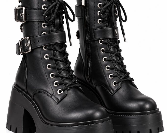 Women’s Combat Boots, Chunky Platform Ankle, Lace Up Motorcycle Style
