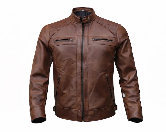 Men’s Café Racer Leather Jacket Genuine Sheepskin Motorcycle Biker Slim Fit Multi Color