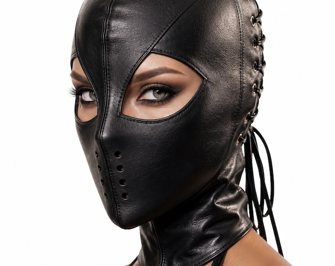 Women’s Gothic Leather Face Mask, Open Eye Hood, Lace Up Cosplay Headgear, Halloween Costume