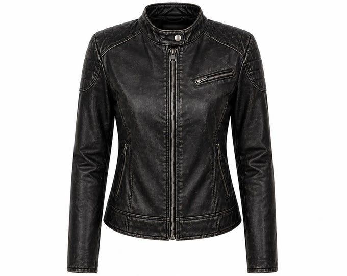 Women’s Leather Biker Jacket – Cafe Racer Moto Style, Distressed Finish, Multiple Colors