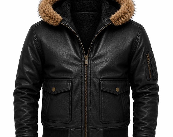 Men's Faux Leather Jacket with Hood, Winter Warm Bomber Coat, Stylish Fur Collar Outerwear