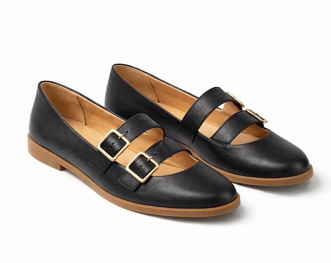 Women Mary Jane Flats – Double Strap Shoes – Comfortable Casual Leather Footwear – Everyday Wear