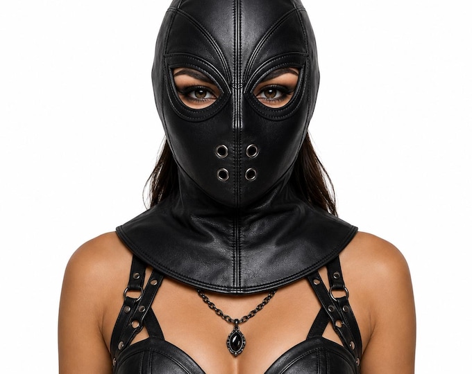 Leather Hood Gothic Mask, Handmade Cosplay Headgear, Halloween Costume, Custom Size