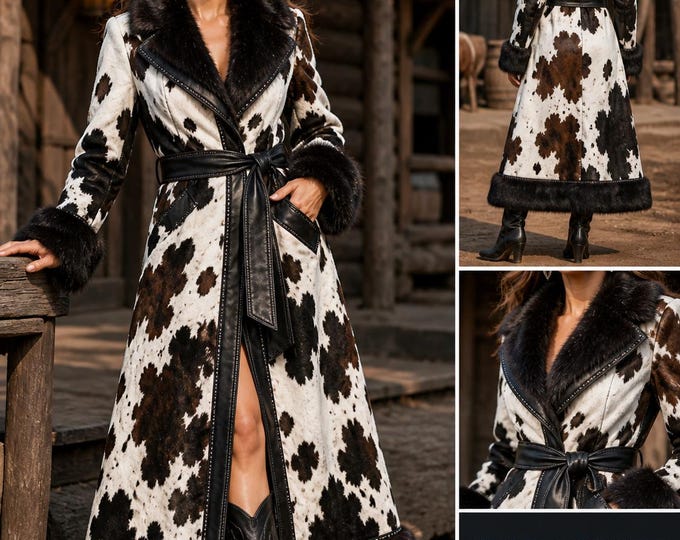 Women’s Cowhide Western Long Coat Belted Fur, Black White Cow Print, Cowgirl Rodeo Outfit