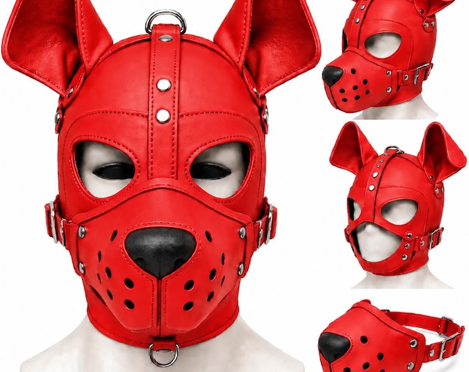 Handmade Leather Puppy Hood Mask with Ears, Adjustable Dog Hood, Removable Muzzle, Animal Costume