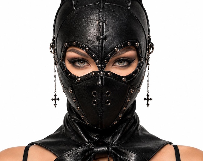 Gothic Cat Face Cover, Handmade Cosplay Hood, Festival Costume, Halloween Headwear, Open Eye Design