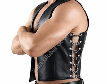 Mens Black Biker Vest With Side Chain Lacing Gothic Style Handmade