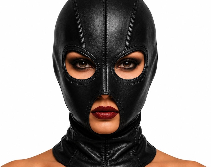 Gothic Leather Hood, Open Eye Balaclava, Lace Up Headgear, Cosplay Mask, Halloween Costume, Handmade