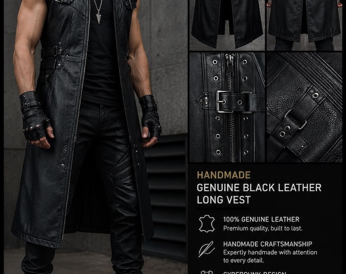 Mens Cyberpunk Duster, Gothic Waistcoat, Handmade Genuine Leather, Gift for Him