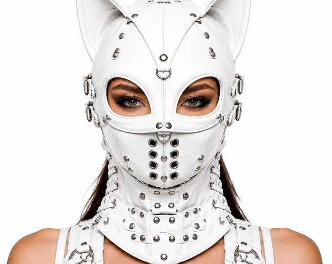 Handmade Leather Cat Mask, Gothic Cosplay Hood, Adjustable Feline Face Cover