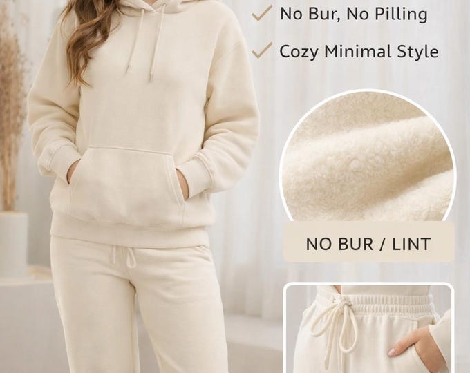 Women’s Fleece Tracksuit Set | Plain Minimal Hoodie & Jogger Pajamas |No-Pilling Cozy Winter Loungewear