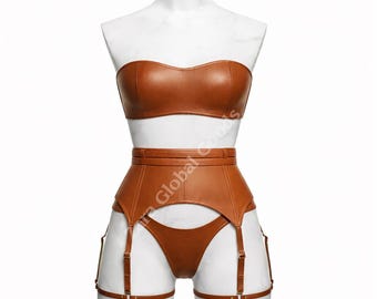 Leather Lingerie Set for Women – Handmade Strapless Bra with Garter Belt, Custom Fit