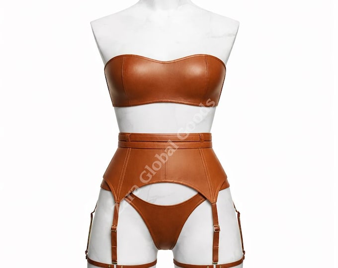 Leather Lingerie Set for Women – Handmade Strapless Bra with Garter Belt, Custom Fit