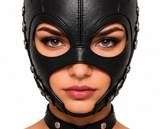 Handmade Leather Cat Mask, Gothic Cosplay Headwear, Animal Face Cover, Halloween Costume
