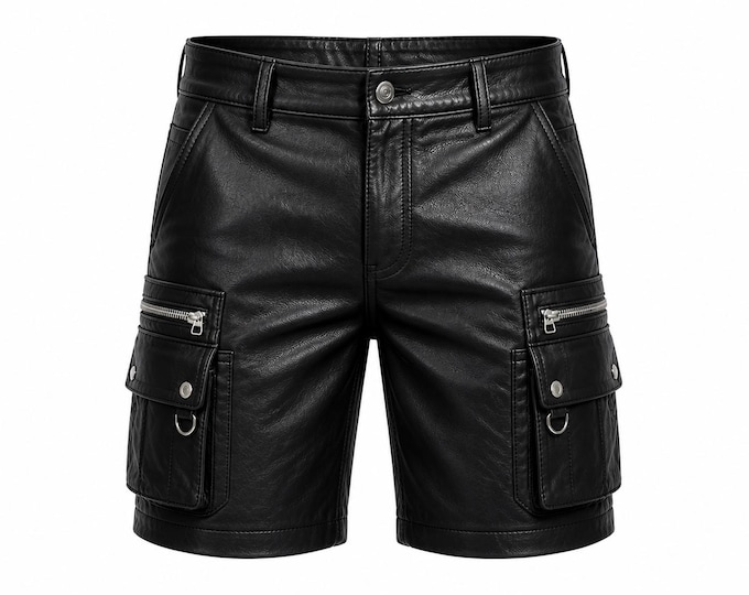 Men Leather Cargo Shorts, Biker Streetwear Multi Pocket, Festival Club Outfit