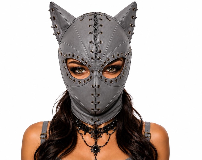 Handmade Leather Cat Mask, Gothic Cosplay Hood, Adjustable Feline Face Cover, Costume Accessory