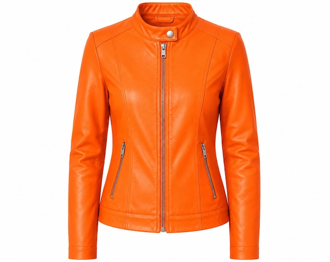 Women’s Genuine Leather Moto Jacket | Stand Collar Biker Coat