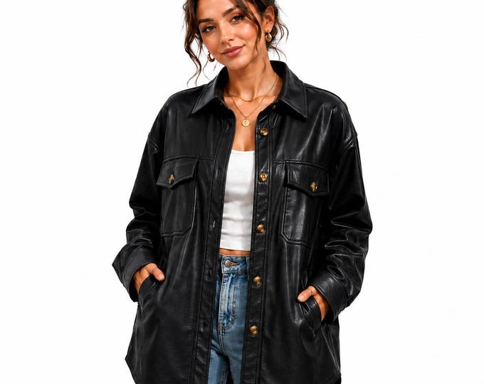 Women's Genuine Leather Shacket Oversized Button Down Shirt Jacket