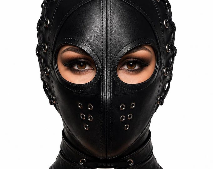 Black Leather Hood Mask, Gothic Open Eye Headgear, Lace-Up Back Cosplay