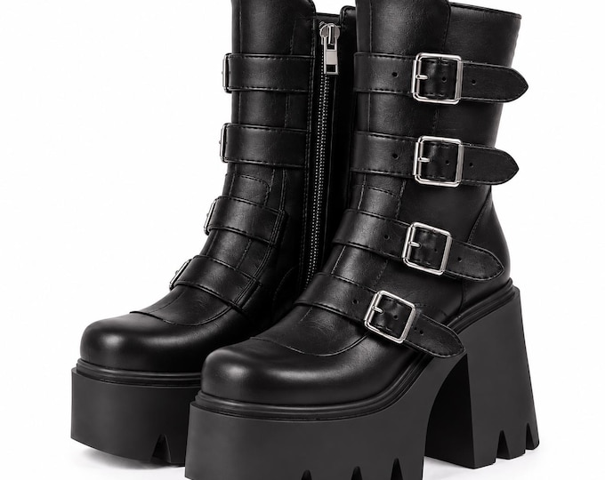 Women’s Platform Combat Boots, Chunky Buckle Gothic Leather, Lug Sole Punk Footwear