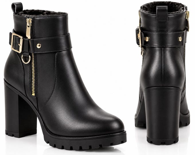 Women's Chunky Heel Ankle Boots, Leather Winter Booties, Side Zipper Gothic Platform Shoes