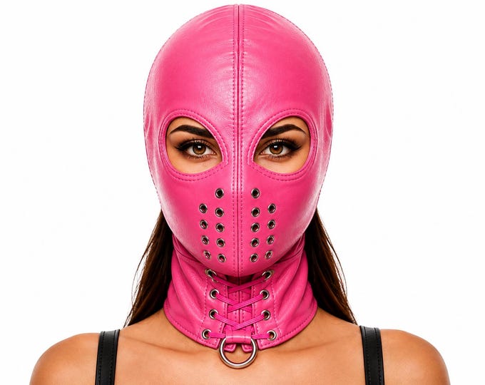 Gothic Leather Face Mask, Open Eye Cosplay Headgear, Lace Up Halloween Costume, Handmade Hood