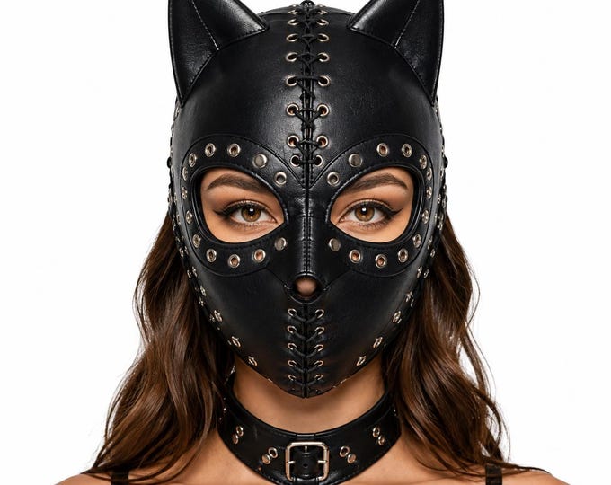 Gothic Cat Face Mask, Handmade Leather Cosplay Hood, Halloween Headwear