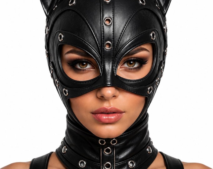 Handmade Leather Cat Face Mask, Gothic Cosplay Hood, Adjustable Open Eye Costume