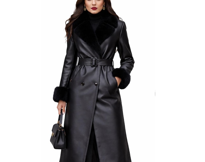 Elegant Black Leather Coat for Women – Faux Fur Collar, Belted Long Winter Trench