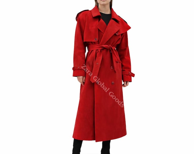Handcrafted Suede Trench Coat For Women Luxrey Double Breasted Long Coat