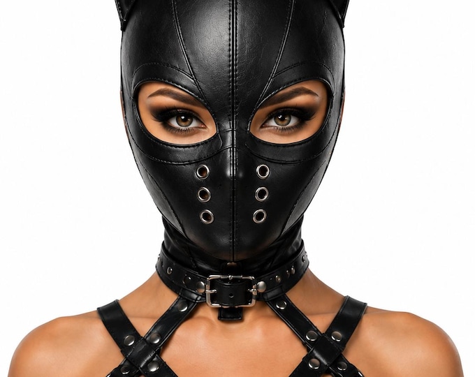 Genuine Leather Cat Hood Mask, Gothic Cosplay Headpiece, Lace-Up Back, Open Eye Design