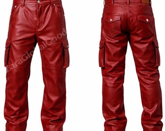 Unisex Handmade Red Leather Cargo Pants – Genuine Leather Gothic Trousers with Utility Pockets
