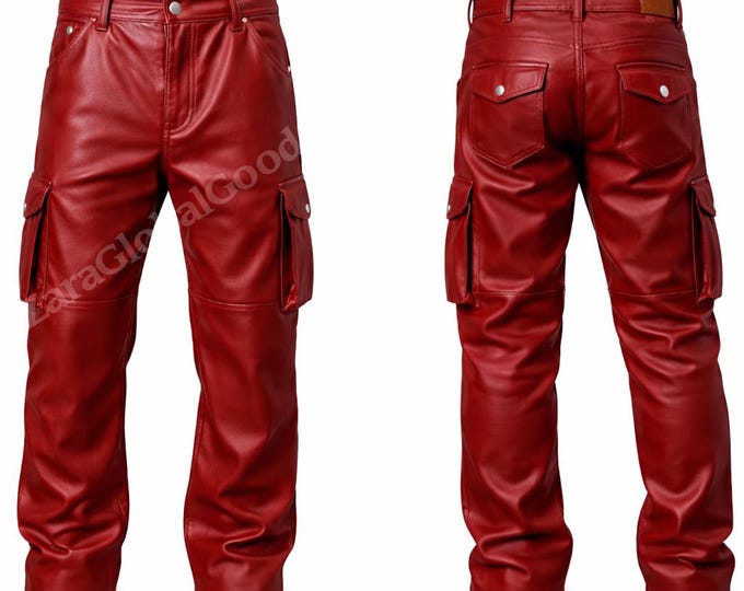Unisex Handmade Red Leather Cargo Pants – Genuine Leather Gothic Trousers with Utility Pockets