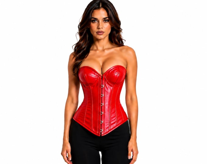 Women’s Genuine Leather Corset Top, Handmade Boned Bustier, Adjustable Fit