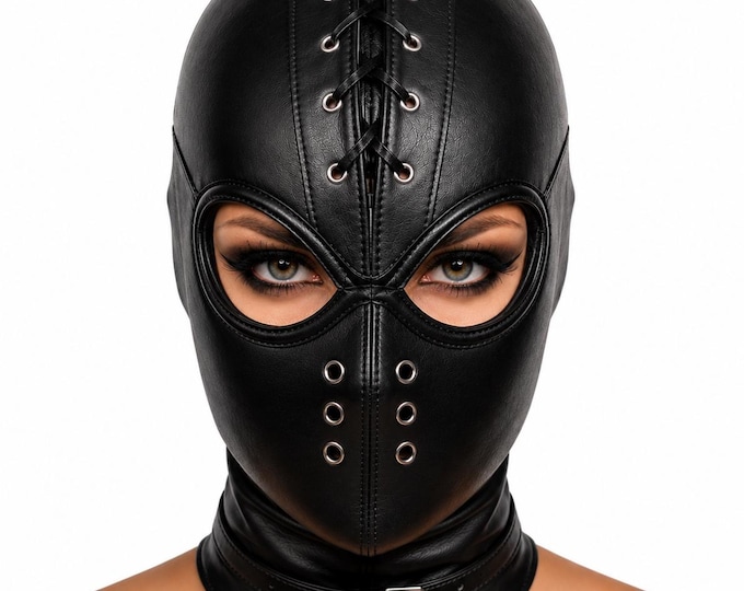 Gothic Leather Hood, Open Eye Balaclava, Lace Up Cosplay Mask, Halloween Headgear, Unisex