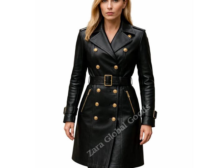 Stylish Black Leather Trench Coat - Gold Button Details & Belted Design