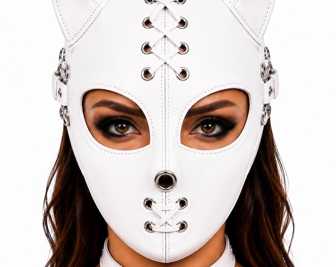 Handmade Leather Cat Face Mask, Gothic Cosplay Hood, Adjustable Open-Eye Headwear
