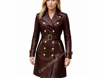 Handmade Burgundy Leather Trench  for Women | Double Breasted Long  Coat with Belt | Luxury Winter