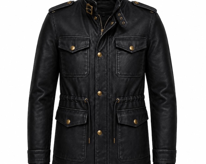 Handmade Cowhide Field Jacket for Men | Brown Military Safari Coat | Genuine Leather Outerwear