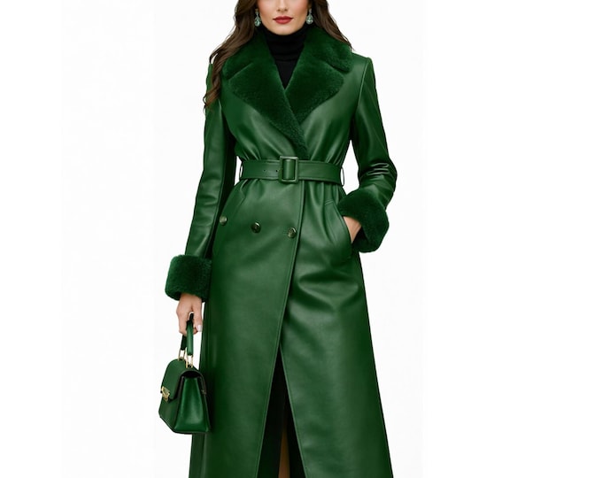 Luxury Forest Green Leather Coat for Women | Belted Faux Fur Winter Coat