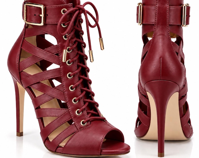 Women's Peep Toe Ankle Boots, Lace Up High Heel Roman Sandals, Gothic Summer Shoes
