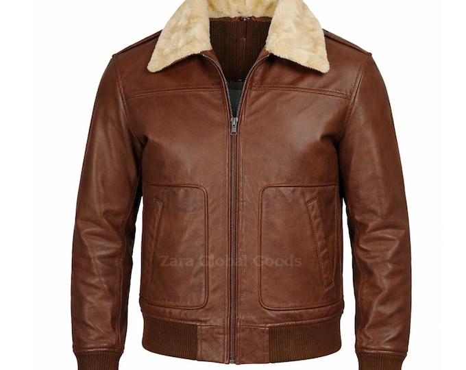 Men’s Brown Aviator Leather Jacket, Shearling Collar, Handmade Winter Bomber Coat