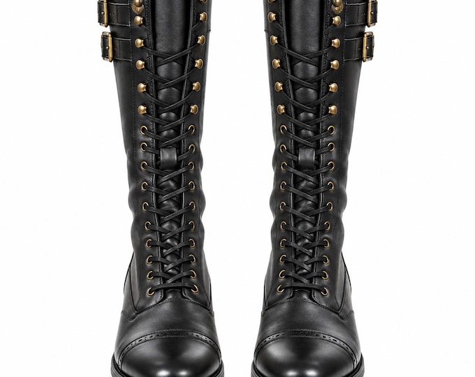 Leather Knee High Lace Up Combat Boots, Tall Gothic Biker Footwear
