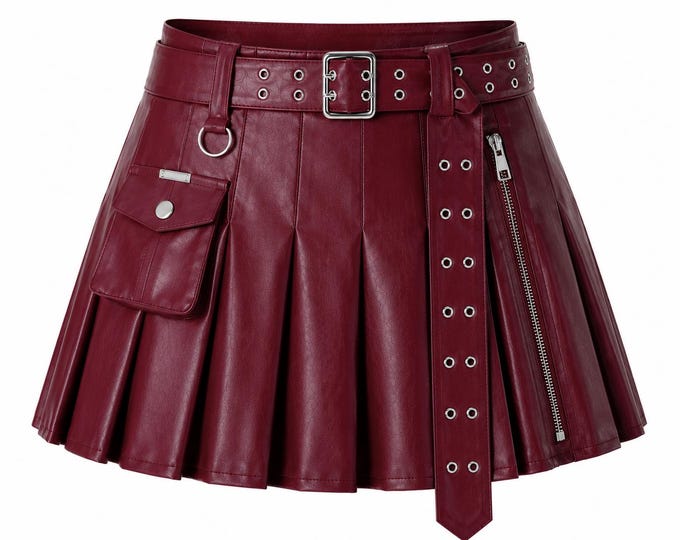 Women High Waist Pleated Mini Skirt Belted Gothic A Line Clubwear Girl Faux Leather Outfit