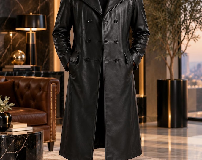 Men’s Leather Trench Coat, Double Breasted Long Overcoat, Genuine Leather Jacket
