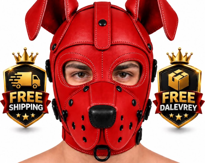 Leather Puppy Hood Mask with Ears, Adjustable Dog Hood, Removable Muzzle