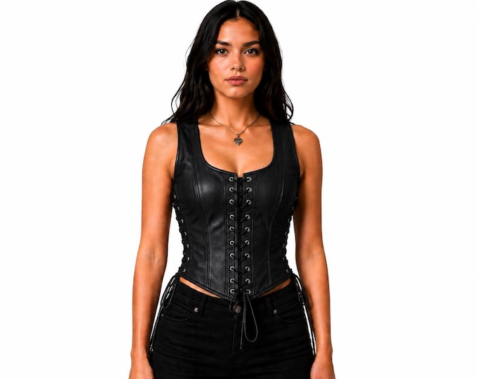 Genuine Leather Corset Vest Women, Lace Up Biker Top, Gothic Leather Bustier, Punk Moto