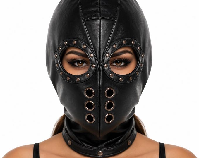 Leather Hood Mask, Gothic Cosplay Headwear, Costume Hood, Halloween Accessory, Lace Up Back