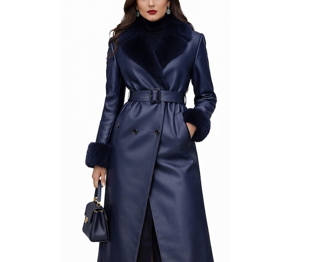 Navy Blue Leather Trench Coat for Women with Faux Fur Collar Belted Winter Wear